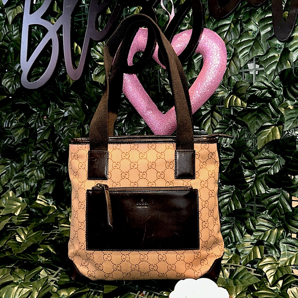 Gucci Beige Monogram Canvas Tote with Dark Brown Leather Trim